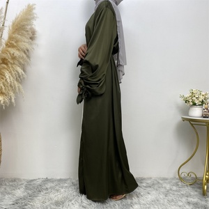 Solid Color Dubai Abaya Made in Lightweight Thin Satin with Long Sleeves Side <b>Pockets</b> for Muslim Women 1934# - Product Image 6