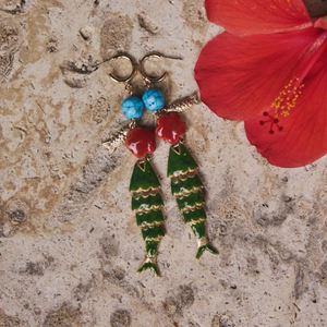 Boucles d'oreilles mode, boucles d'oreilles, petit poisson en acier inoxydable, appât étoile, personnalité littéraire, pendentif vert rétro - Product Image 4