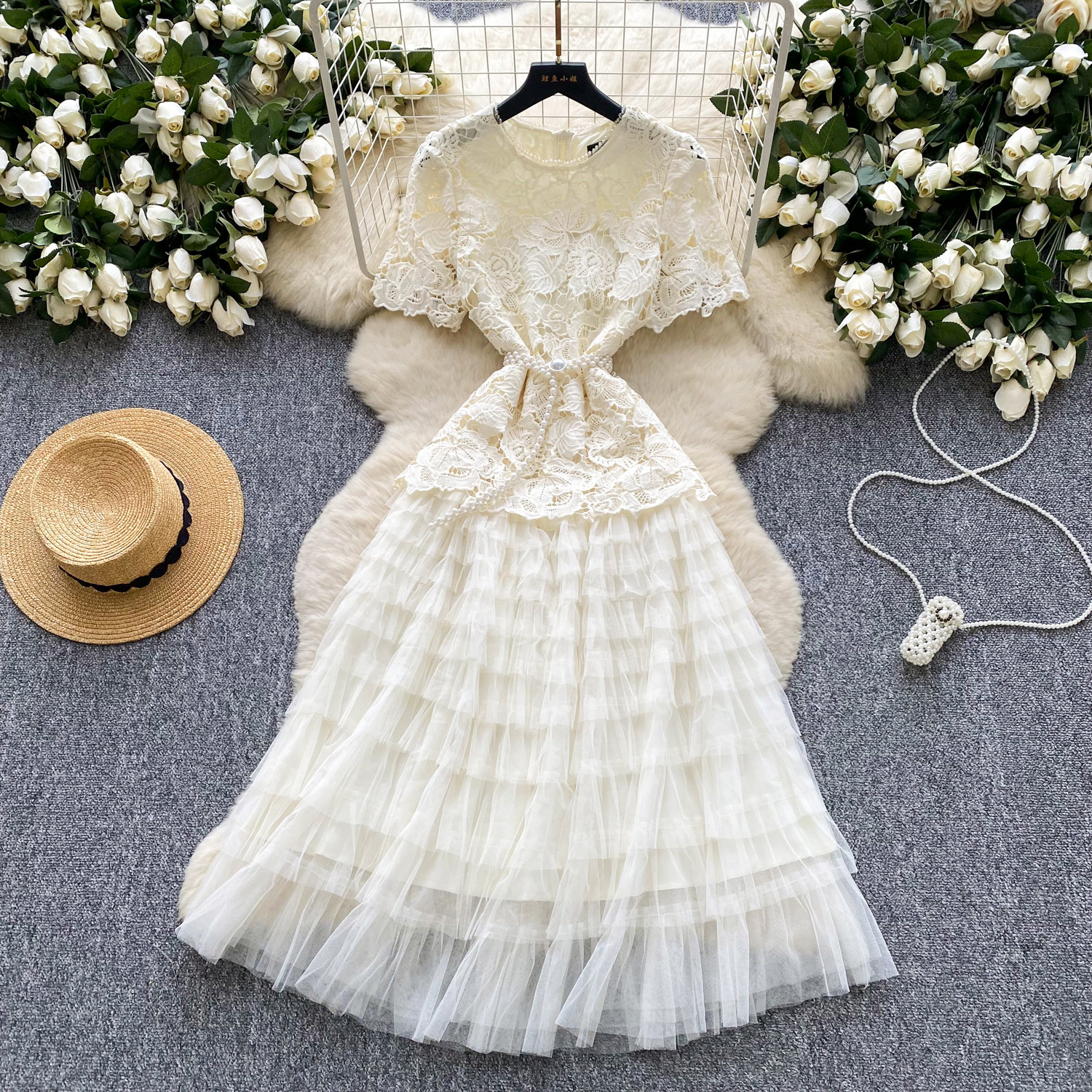 Dresses Women Lady Elegant Beaded Round Neck Short Sleeve Dress Elegant  Lace Mesh Paneled Sheer Summer Dress| Alibaba.com