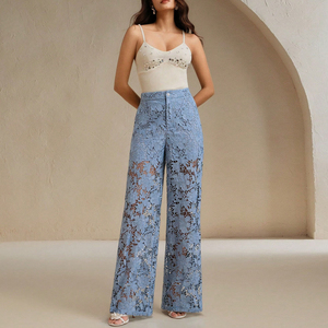 Pantalon en dentelle florale semi-transparente personnalisé pour femmes, bas décontracté élégant pour dames - Product Image 3