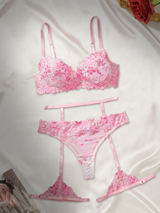 Set Lingerie Wanita 3-Piece Bordir Bunga Pink Seksi, Kontrol Ringan, Cepat Kering, Bernapas, Bra, Panty, dan Garter Belt - Product Image 2