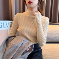 Femmes décontracté à rayures larges couleur unie semi-col roulé pull chaud à manches longues automne hiver haut nouveau tricot filles pull