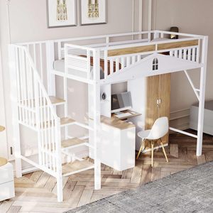 Lit mezzanine moderne avec échelle, garde-corps, cadre métallique, éléments décoratifs <span class=keywords><strong>de</strong></span> fenêtre, taille Twin XL, DNF (sans matelas) - Product Image 6