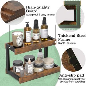 Estante de almacenamiento de doble capa de hierro y madera, organizador de cocina de 2 niveles, color marrón oscuro, para utensilios, barra de café, toallas de baño - Product Image 4