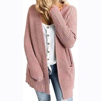 Cardigan à manches longues en mélange de laine acrylique pour femmes automne-hiver pull en tricot décontracté en peluche de couleur unie avec conception de poche