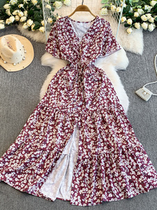 Abito Lungo da Donna Autunno Inverno Stile Francese Leggero Maturo Dolce Floreale con Scollo a V Antistatico Vita Alta Snellente con Volant - Product Image 3