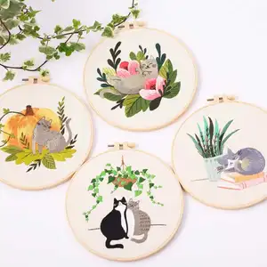 1套带刺绣担架猫图案套件初学者DIY猫套件初学者植物猫缝合套件