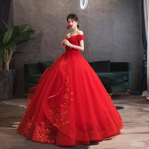 Off The Shoulder Red Wedding Dress Sweetheart Neckline Floor Length Ball Gown Floral Print Evening Gown - Product Image 3