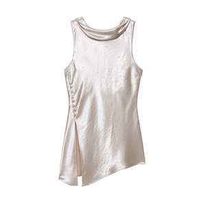 Elegante Vestido Mini Asimétrico de Satén sin Mangas con Cuello Drapeado y Detalle de Botones para Fiestas - Product Image 1