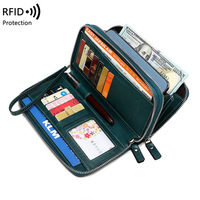Tas tangan kulit pu wanita, dompet panjang ritsleting ganda, pemegang paspor RFID, lipat tiga