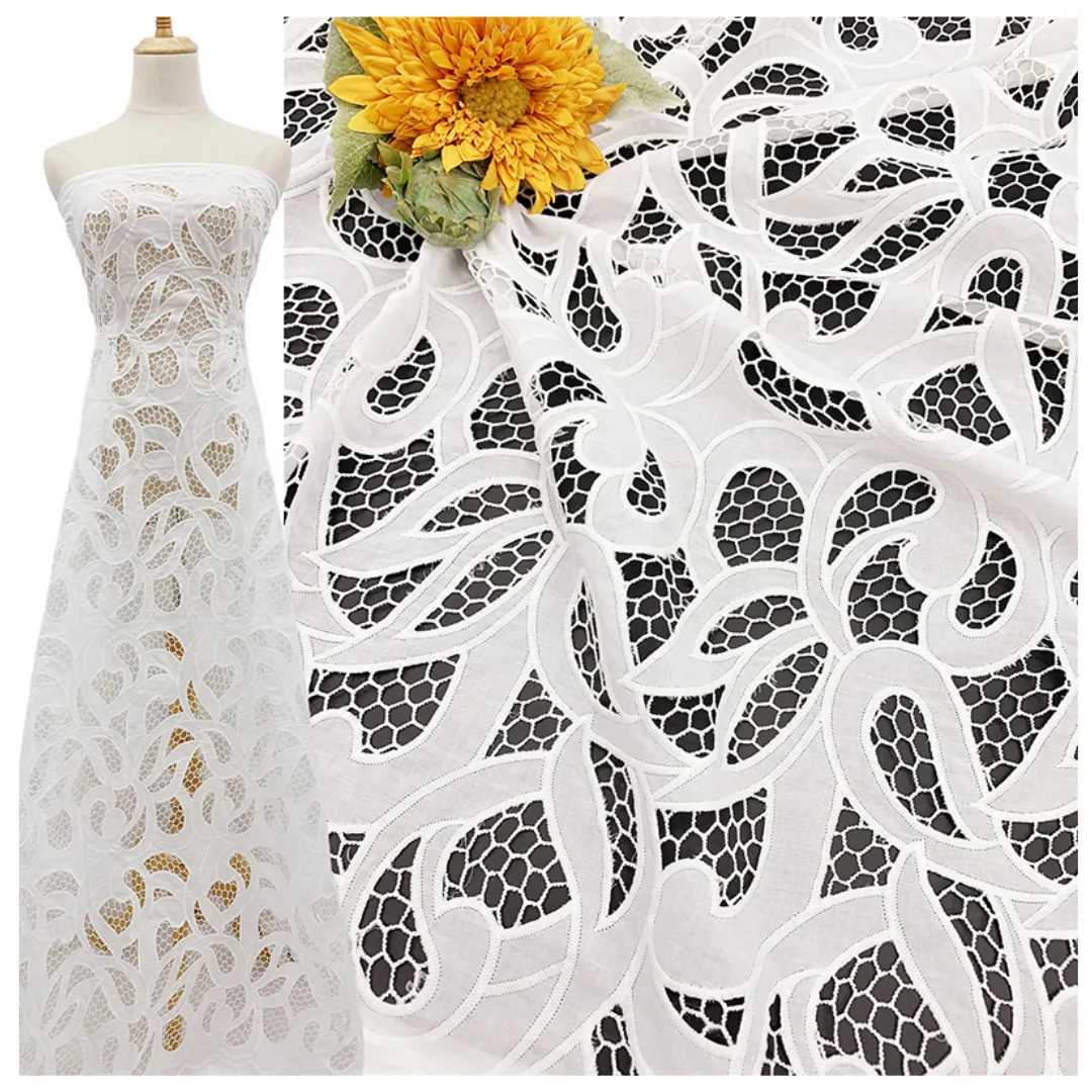 Preço competitivo Luxo Branco Bordado Chemical Laser-cut Folha Bordada Nupcial Lace Algodão Voile para Vestido De Casamento