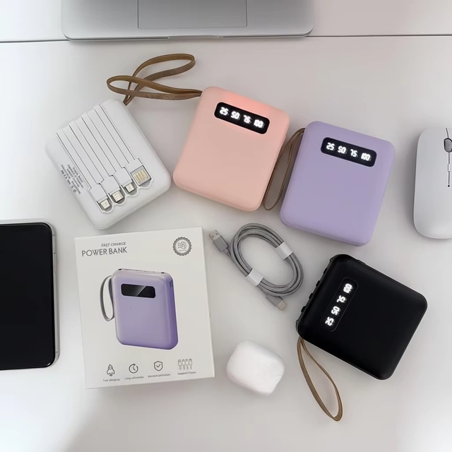 Fast Charging Square Power Bank 10000mAh Led Light Built-in Cables Portable Battery Mobile Phone Charger 10000mah Power Banks