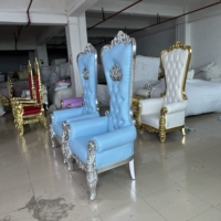 Chaise Trône de Luxe Bleu Ciel avec Couronne Argentée, Dossier Haut, Sculptée à l'Occidentale, pour Mariages et Événements, Fabrication Personnalisée