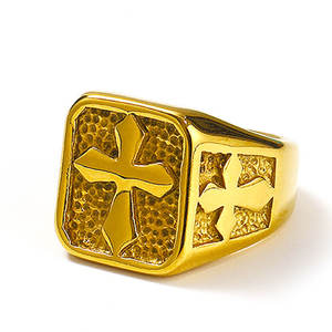 Anillos Hiphop Resistentes al Deslustre e Impermeables, de Buena Calidad, Chapados en Oro PVD de 14k y 18k, Anillo Grueso con Cruz de Acero Inoxidable 316L para Hombre - Product Image 6