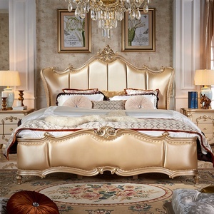 Champagne Color <strong>Antique</strong> Leather <strong>Bed</strong> French <strong>Style</strong> Hand Carved Bedroom Furniture Set European <strong>Bed</strong> - Product Image 2