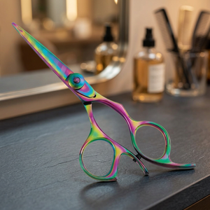 Ciseaux de coiffure professionnels Rainbow en acier inoxydable à pointe fine pour droitiers, manche moyen - Product Image 3