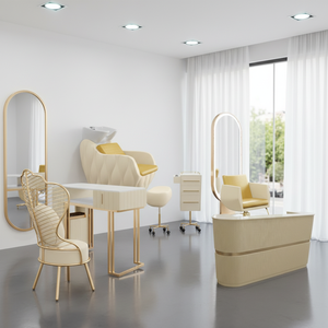 ชุดเฟอร์นิเจอร์ร้านทำผมสุดหรูทันสมัยสีทองขาว แพ็คเกจร้านเสริมสวย ชุดอุปกรณ์ร้านตัดผมหนัง PU แบบกำหนดเอง อุปกรณ์เสริมสวย HUIYI - Product Image 4