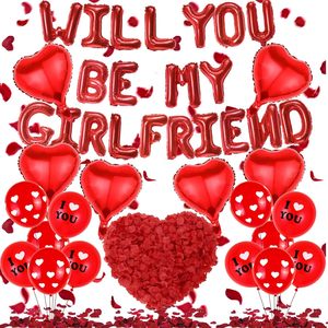ลูกโป่งรูปตัวอักษร "Will You Be My Girlfriend" พร้อมลูกโป่งฟอยล์รูปหัวใจ กลีบกุหลาบ ลูกโป่งลาเท็กซ์ และของตกแต่งสำหรับขอแต่งงาน "Be My Girlfriend" - Product Image 1