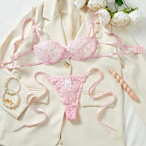 2 buah Set pakaian dalam seksi Push Up lucu bertali bordir jaring tipis Set Lingerie tembus pandang Bra celana dalam - Product Image 5