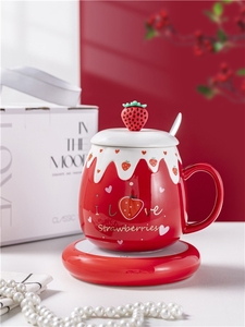 Regalos de Cumpleaños, Tazas de Cerámica con Diseño de Fresa Rosa, 460 ml, 15 oz, para Bebidas Frías, Café, Té, Leche, con Tapa y Cuchara - Product Image 6