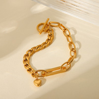 Bracelet en acier inoxydable avec pendentif en forme de cœur plaqué or 18 carats, chaîne cubaine et à maillons ajustable, fermoir OT