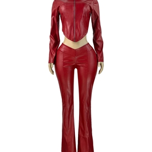 GHH10899- 2025 nuova moda <span class=keywords><strong>da</strong></span> donna giacca di pelle elastica con cerniera Slim Fit Casual Micro pantaloni svasati <span class=keywords><strong>Set</strong></span> due pezzi - Product Image 2