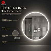 Miroir de salle de bain rond moderne, populaire, de haute qualité, avec couvercle en acrylique, argenté, sans cuivre, écologique, à LED dimmable, interrupteur tactile, IP44