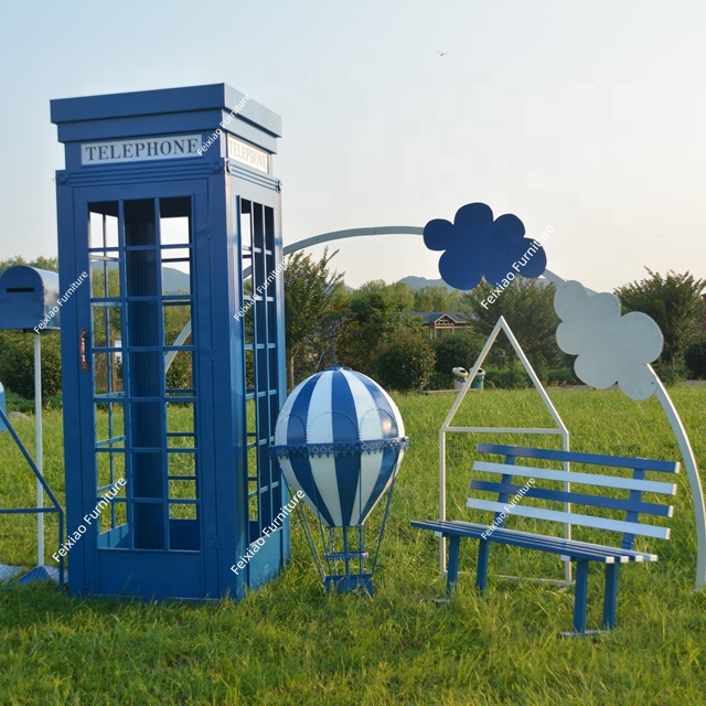 Hot Sale Party Outdoor Events Furniture Decor London Iron Telephone Booth with Chair and Movable Mailbox for Sale