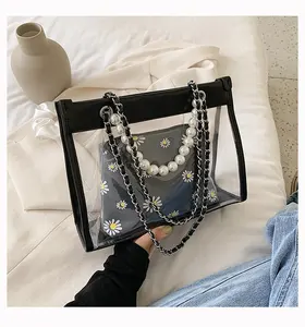 Bolso de hombro con asa de perla para mujer, moda China, bolso transparente con cadena de margaritas, 2020