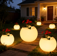 Lampu Taman LED Tenaga Surya Bulat untuk Dalam & Luar Ruangan, Pot Bunga Plastik Dekoratif untuk Patio, Halaman, dan Tanaman Lantai
