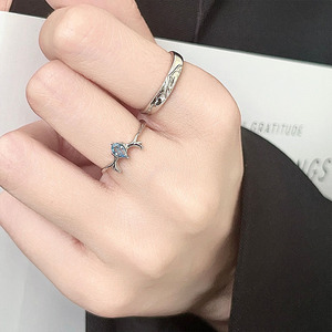 S925 Sterling Silver Antler <b>Ring</b> With Blue Stone Prong Setting For <b>Couple</b> Fashion Jewelry Gift - Product Image 1