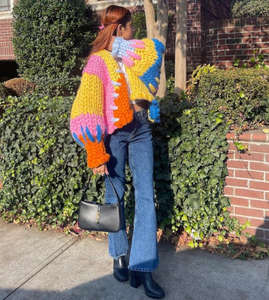 Bloc de couleur arc-en-ciel tricoté Cardigan couche de finition femmes automne et hiver tricot à la main épais Crochet pull - Product Image 6