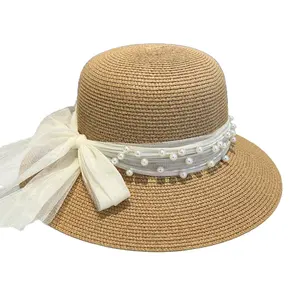 Fashion ribbon pearl decoration mini doll colourful woven fisher boater flat making sewing machine straw hat for farmer