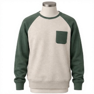 Sudadera de Cuello Redondo para Hombre al por Mayor, Sudadera Personalizada Beige Verde con Mangas en Contraste y Bolsillo en el Pecho - Product Image 4