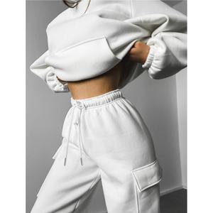 Женский Модный повседневный спортивный костюм с капюшоном и карманами, пуловер с длинными рукавами и брюки-карго с высокой талией, Женский комплект из двух предметов на осень и зиму - Product Image 6