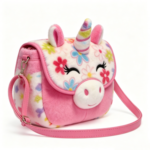 Floral Unicorn Plush Crossbody Bag, Kids Pink & White Fluffy <b>Purse</b> with Rainbow Horn & Flower Embroidery - Product Image 2