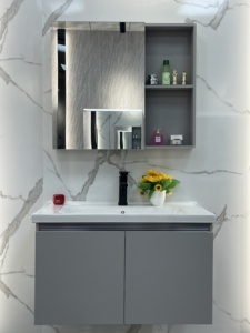<span class=keywords><strong>Mobile</strong></span> <span class=keywords><strong>Bagno</strong></span> Sospeso in Acciaio Inox con Specchio Quadrato, Doppie Ante Grigio Opaco, Unità Vanity Flottante per Progetti Moderni - Product Image 5