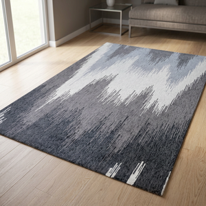 Tapis rectangulaire moderne Visesa à rayures 100 % laine, tufté à la main, antidérapant, à poils moyens de 20 mm, gris anthracite et argent - Product Image 2