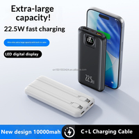 Batterie externe portable haut de gamme 10000 mAh avec câbles intégrés, chargeur rapide USB-C PD 22,5 W, affichage numérique fin, banque d'alimentation filaire