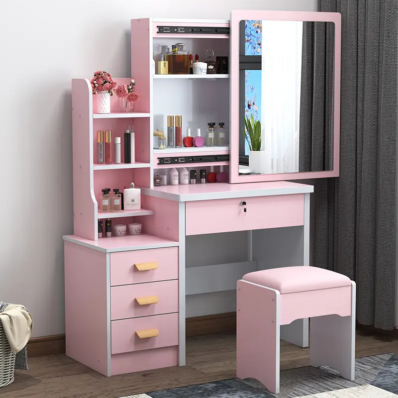 Modern tasarımlar yatak odası pembe soyunma Vanity masa seti soyunma tablo ayna ve çekmeceler ile ucuz Dresser için yatak odası mobilyası