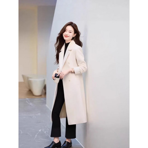Women's Grey Wool Trench Coat Mid Length Slim Fit Winter Overcoat With Pocket Houndstooth Pattern - Product Image 5