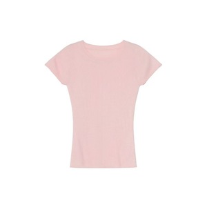 Women's Round Neck Ribbed Knit Short Sleeve T-Shirt Pink Slim Fit <b>Top</b> Summer Wear - Product Image 1