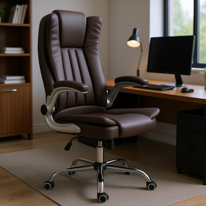 Chaise de bureau ergonomique à dossier haut en cuir PU marron, accoudoirs rabattables rembourrés, inclinaison réglable, fonction de réglage de la hauteur - Product Image 2