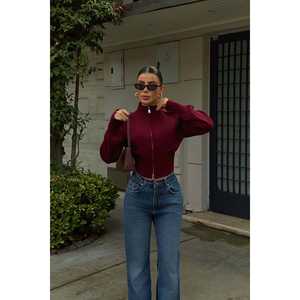 <b>Burgundy</b> Balboa Double Zip Knit <b>Cardigan</b> Casual Style Hooded Wool Jacquard Striped Print for Spring Autumn Winter - Product Image 4