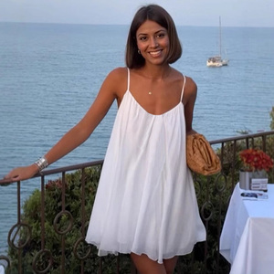 Minivestido blanco de punto con tirantes finos, estilo bohemio, casual de verano, sin mangas, color liso, con bajo acampanado, transpirable, cintura imperio, para club. - Product Image 6