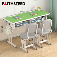 Bureau d'étude double 120x45cm réglable 64-76cm avec deux chaises bleues 40x35cm Ensemble étudiant pour la maison