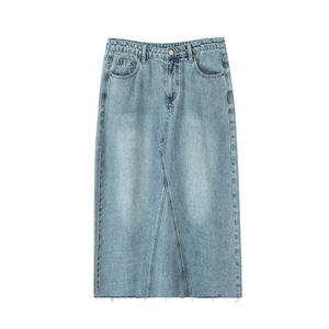 Falda midi vaquera retro de cintura alta con abertura, azul lavado, talla grande 90 95, informal de verano para mujer - Product Image 1