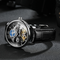 Forsining Montre mécanique squelette de luxe pour homme Montre automatique à double fuseau horaire Bracelet en cuir véritable Phase de lune