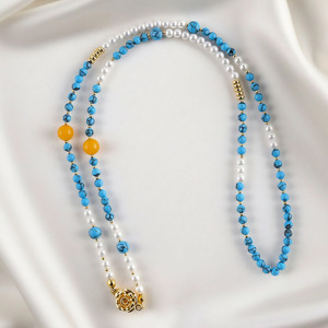Collier bohème en perles turquoise et perles <span class=keywords><strong>de</strong></span> culture, collier fait main avec pierres bleues et accents jaunes, <span class=keywords><strong>bijou</strong></span> d'été pour la clavicule - Product Image 4