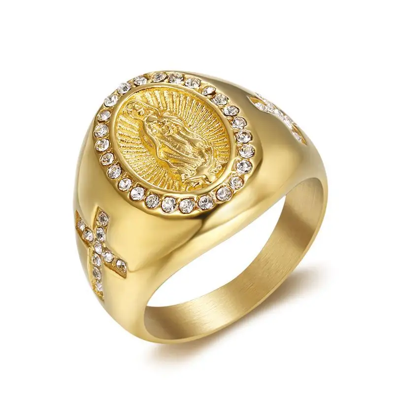 7FLOWER אופנתי היפ-הופ נירוסטה סגלגל טבעת מרי הבתולה תכשיטי גברים ונשים תכשיטי זירקון צלב טבעת נוצרית